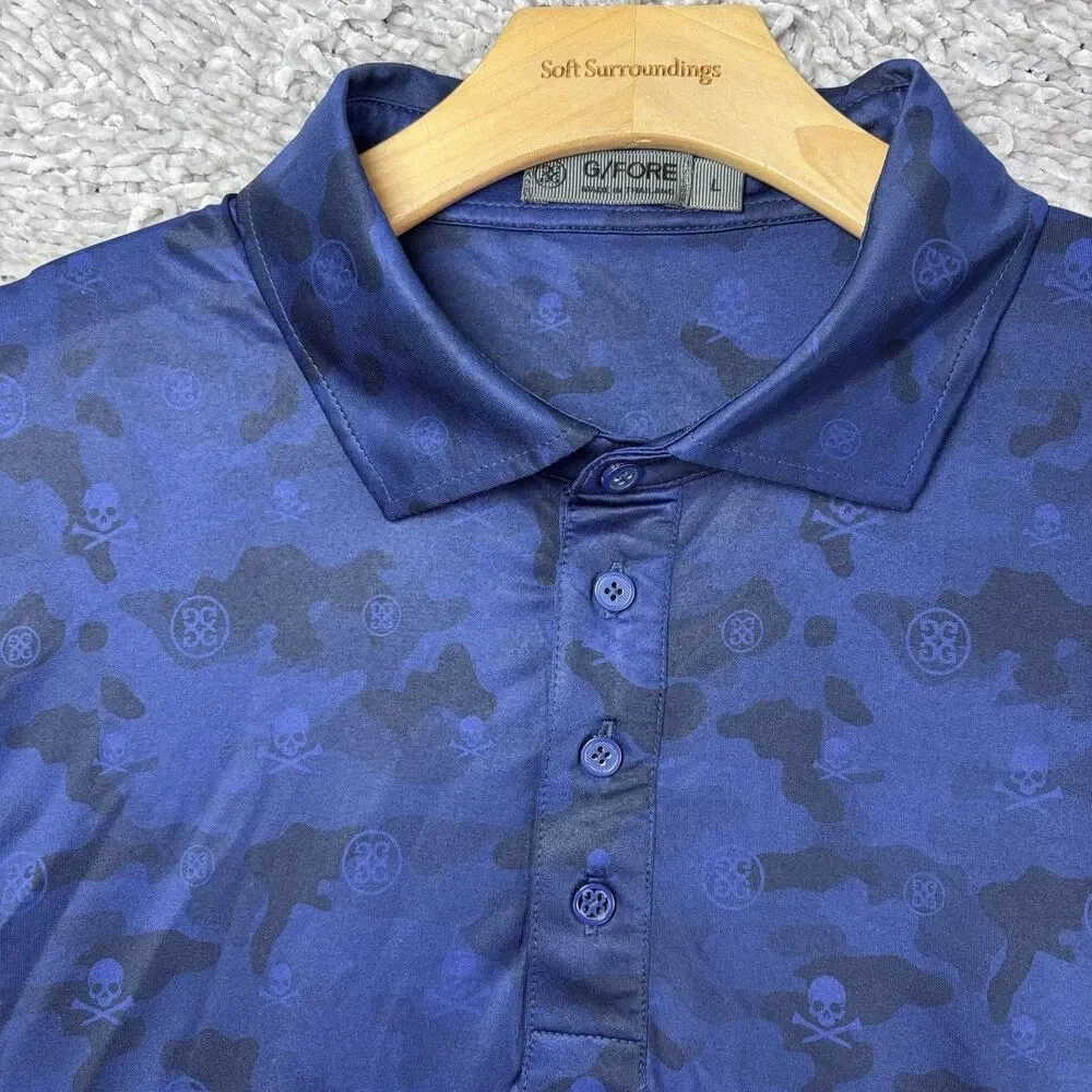 G/Fore Polo Shirt Mens Large Navy Blue Camo Short Sleeve Skulls Golf Summer Work